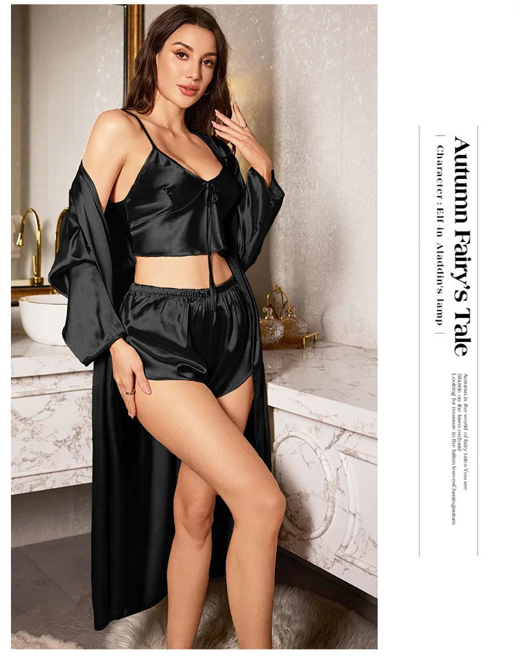 Women’s 3PCS Satin Pajama Set – Sexy Nightgown, Sling Dress & Robe Elegant Sleepwear Loungewear