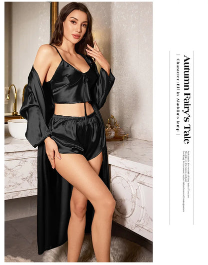 Women’s 3PCS Satin Pajama Set – Sexy Nightgown, Sling Dress & Robe Elegant Sleepwear Loungewear