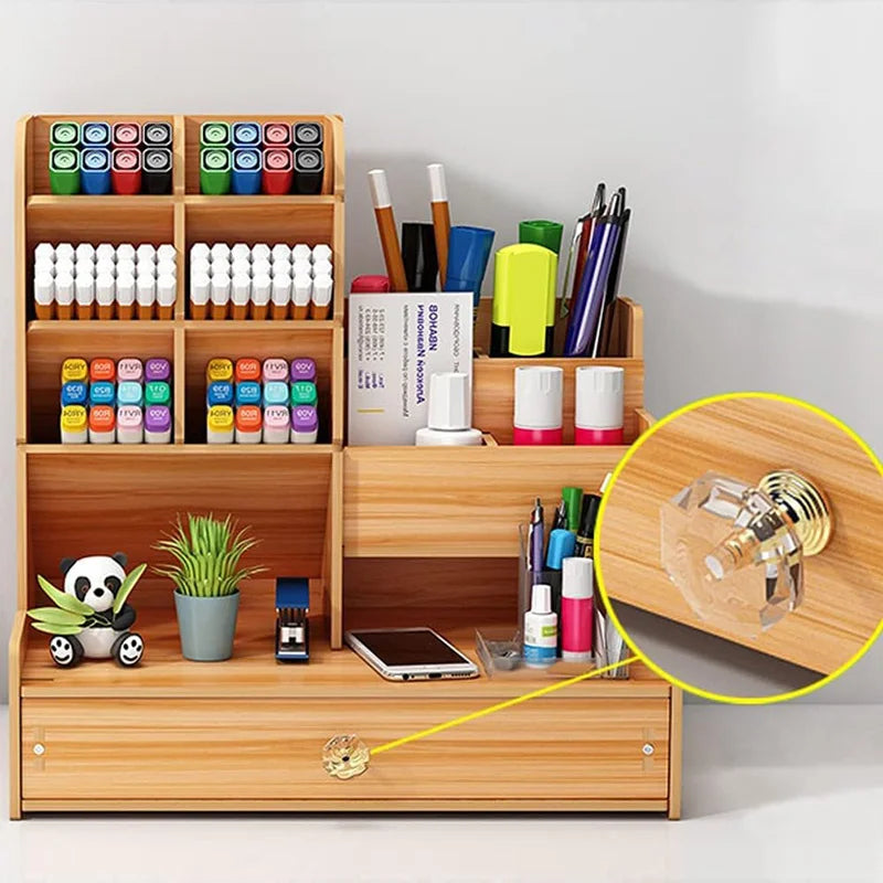 Organizador de escritorio de madera – Caja de almacenamiento de bricolaje para escritorio con cajón, portalápices de gran capacidad para organización de papelería de oficina, escuela y hogar