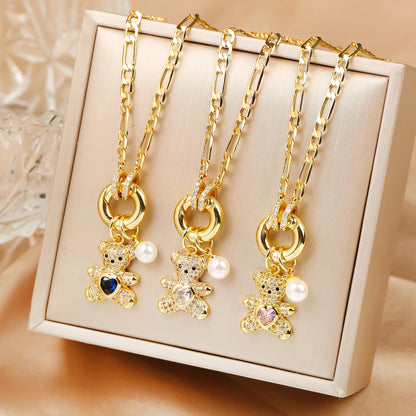 High Quality Shiny Crystal Zirconia Cute Bear Pendant Necklace Choker for Women Girls Holiday Collarbone Chain Gift