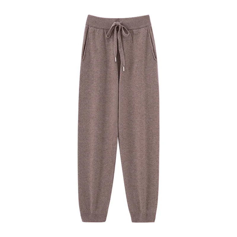 Pantalones de cachemir 100 % pura lana para mujer, de punto, sueltos, de cintura alta, con puños, para otoño e invierno, de corte recto y ajustado