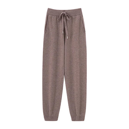 Pantalones de cachemir 100 % pura lana para mujer, de punto, sueltos, de cintura alta, con puños, para otoño e invierno, de corte recto y ajustado