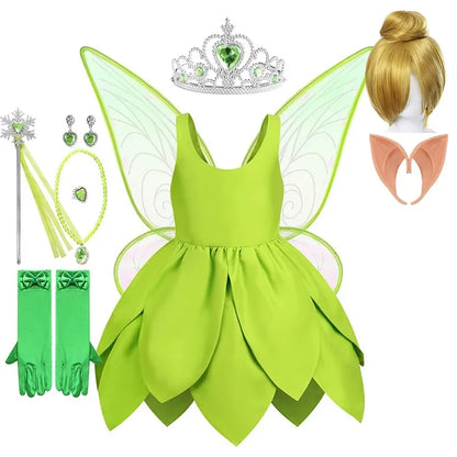 Tinker Bell Fairy Dress for Girls – Fantasy Forest Elf Green Leaf Cosplay Costume for Baby & Kids, Halloween Dress-Up