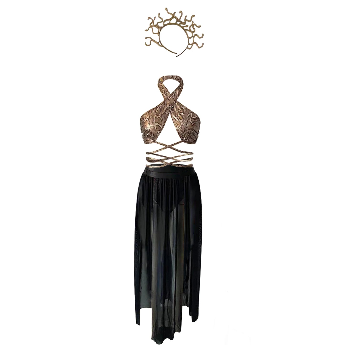 Greek Goddess Cosplay Costume for Women – Halter Neck Top, Slit Long Skirt & Arm Tie Straps Set for Roleplay, Halloween, Party & Stage Wear