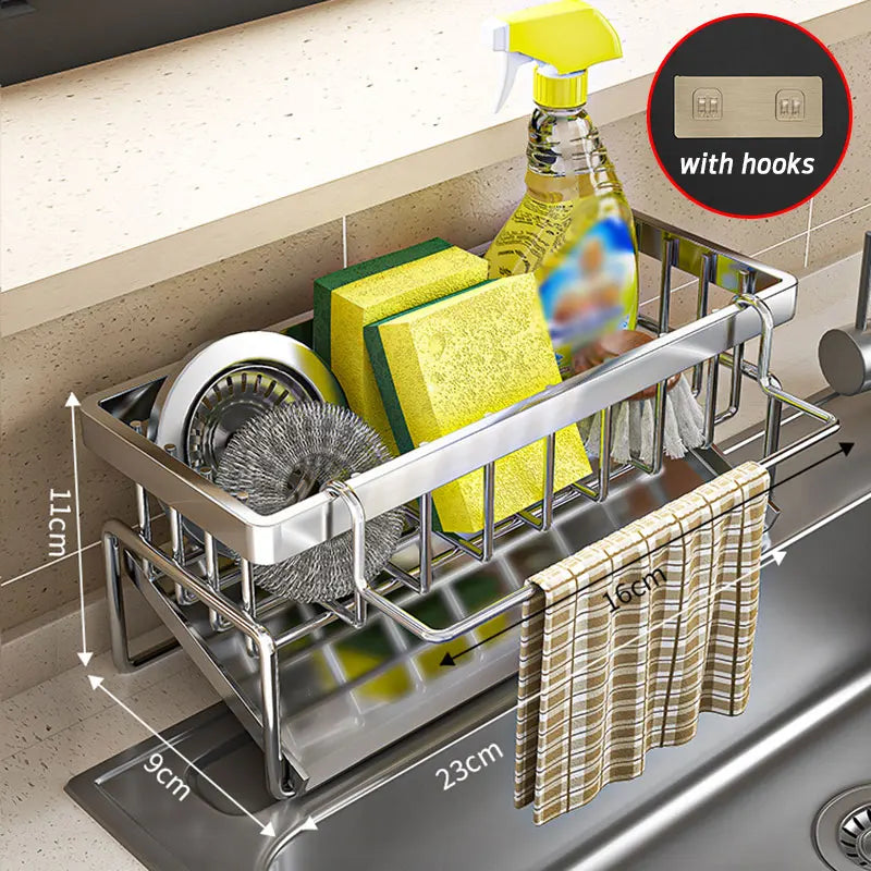 Soporte de esponja de acero inoxidable para fregadero – Escurridor de cocina y organizador de jabón para almacenamiento en el fregadero
