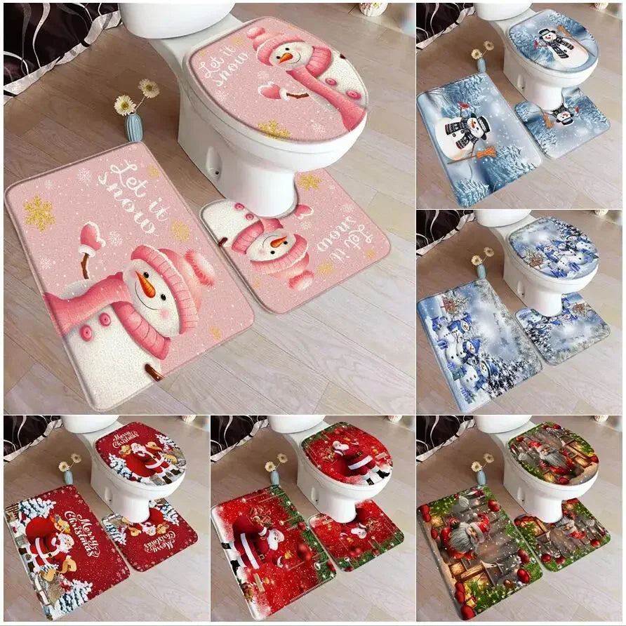 Funny Christmas Bath Mat Set – Cute Snowman, Santa Claus, Red Ball & Xmas Tree Bathroom Rugs with Toilet Lid Cover
