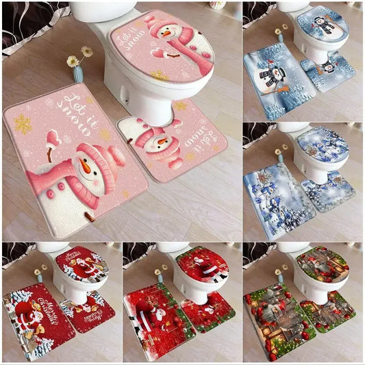 Funny Christmas Bath Mat Set – Cute Snowman, Santa Claus, Red Ball & Xmas Tree Bathroom Rugs with Toilet Lid Cover