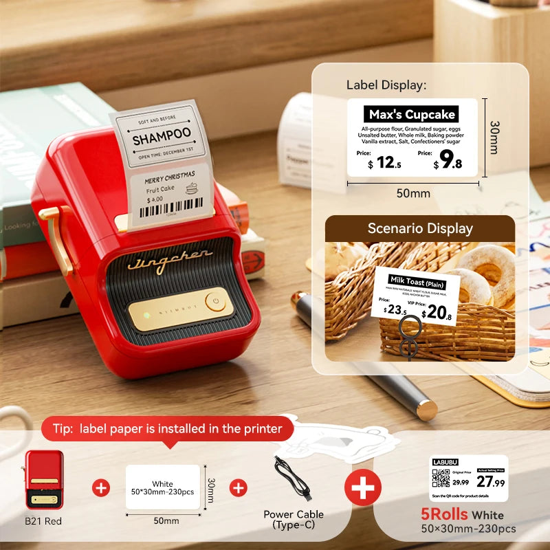 NiiMbot B21 Mini Thermal Label Printer – Wireless Bluetooth Barcode Label Maker with Portable Adhesive Printing for Office & Business
