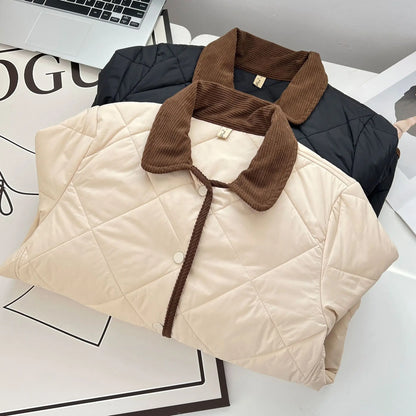 Women’s Cotton-Padded Winter Coat – Casual Warm Parka with Contrast Colors & Lapel Collar, Plus-Size Autumn/Winter Outerwear