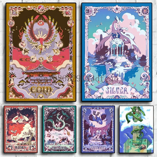 Lienzo de pared retro de Pokémon - Póster clásico de anime de Rayquaza y Lugia para decoración moderna del hogar