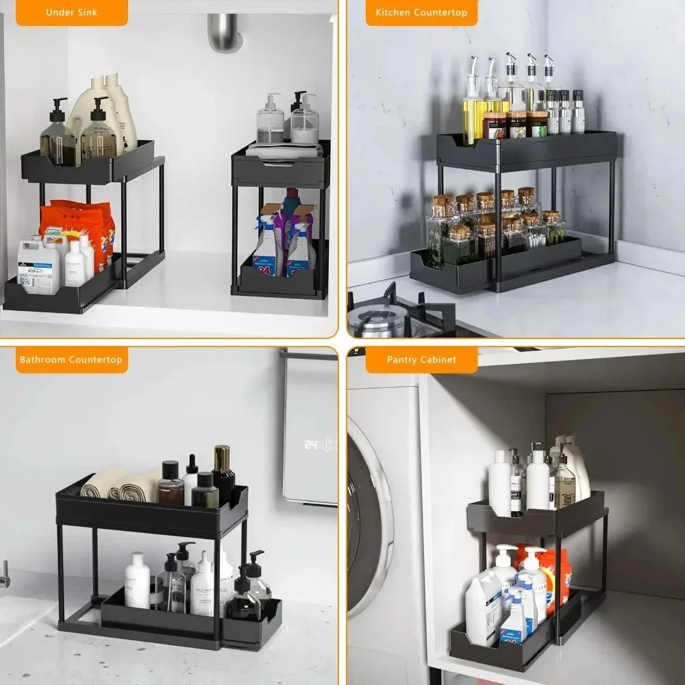 2-Tier Pull Out Under Sink Organizer – Slide-Out Cabinet Storage Rack with Hooks & Cups for Kitchen & Bathroom