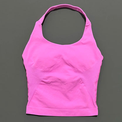 HISTELLO Women’s Seamless Longline Halter Sports Top – Built-in Bra with Removable Cups Yoga & Gym Tank Activewear