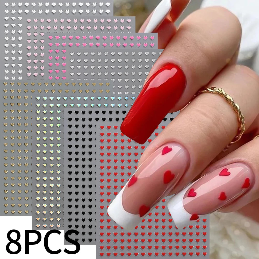 8-Sheet 3D Heart Nail Stickers – Cute Pink Black White Gold Self-Adhesive Nail Art Decals (8×10cm)