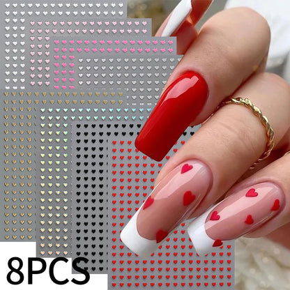 8-Sheet 3D Heart Nail Stickers – Cute Pink Black White Gold Self-Adhesive Nail Art Decals (8×10cm)
