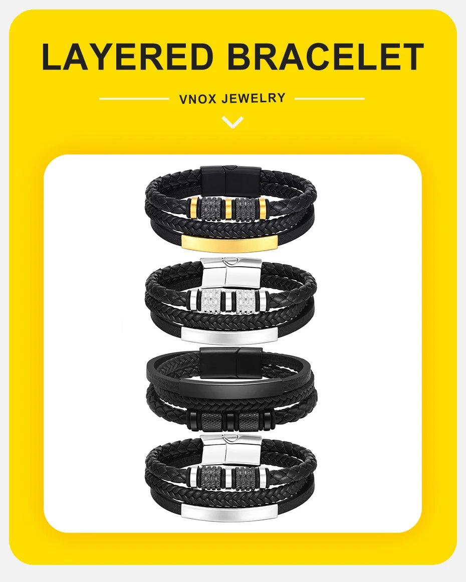 Vnox Personalized Braided Leather Bracelet for Men – Custom Name Engraved Triple Woven PU Leather Wristband | Handmade Gift Jewelry