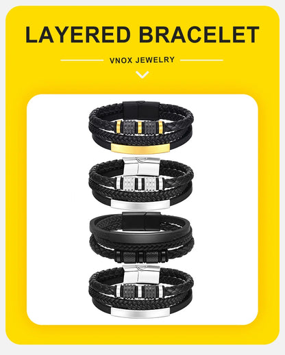 Vnox Personalized Braided Leather Bracelet for Men – Custom Name Engraved Triple Woven PU Leather Wristband | Handmade Gift Jewelry