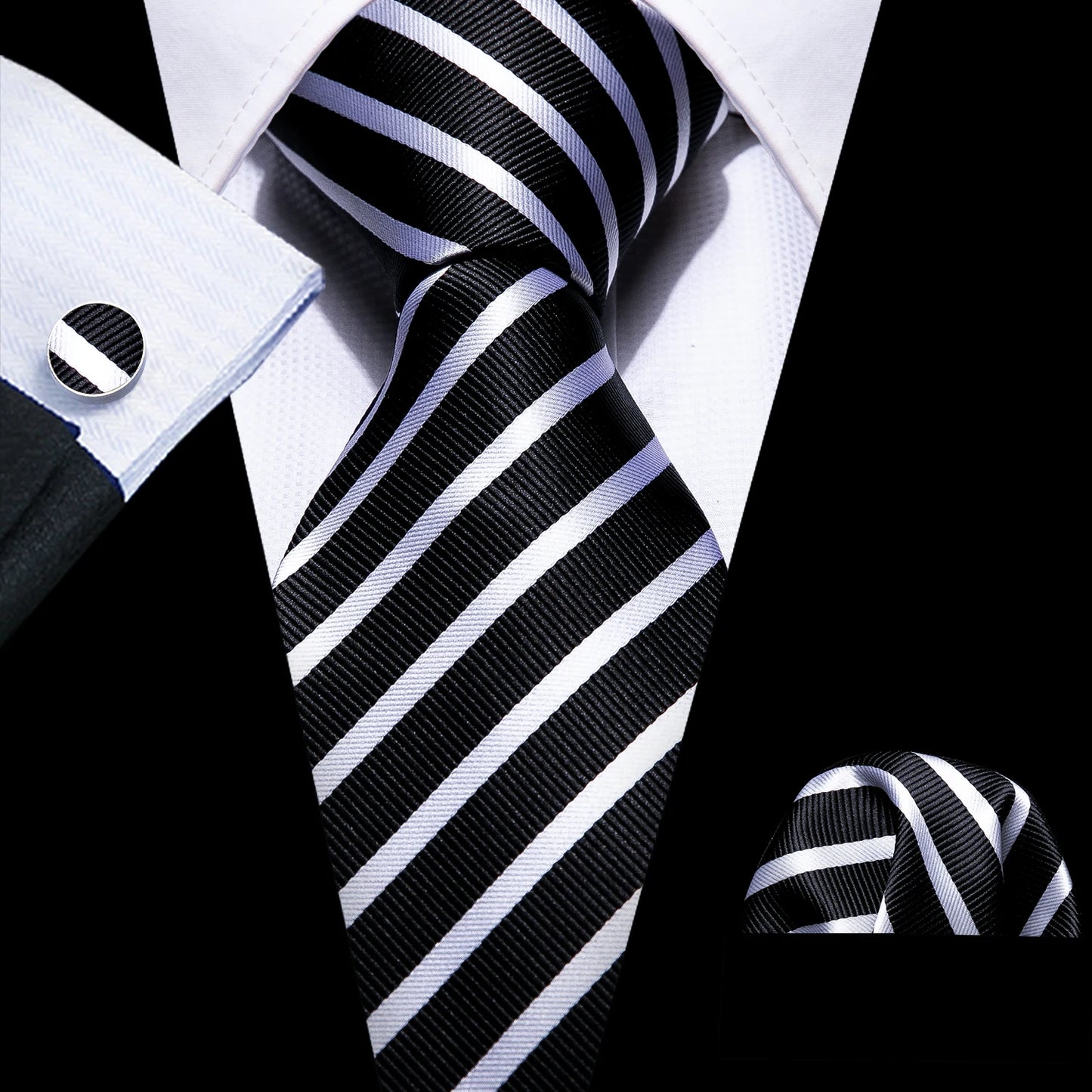 Set de corbata negra para hombre con pañuelo de bolsillo y gemelos. Corbata tejida para ocasiones formales de negocios o bodas.