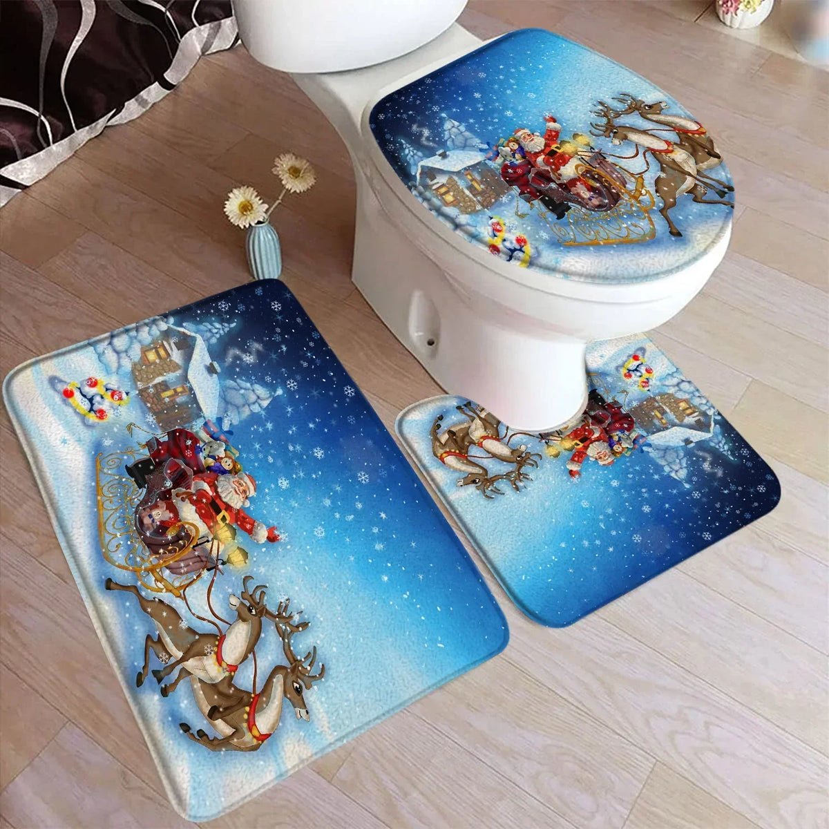 Funny Christmas Bath Mat Set – Cute Snowman, Santa Claus, Red Ball & Xmas Tree Bathroom Rugs with Toilet Lid Cover