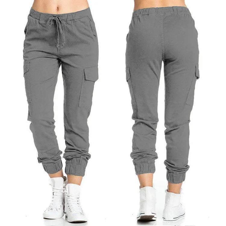 Women's Cargo Jogger Pants – Solid Color Multi-Pocket Drawstring Trousers with Elastic Waist, Casual Sportswear & Streetwear Long Pants