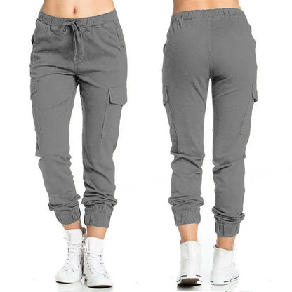 Women's Cargo Jogger Pants – Solid Color Multi-Pocket Drawstring Trousers with Elastic Waist, Casual Sportswear & Streetwear Long Pants