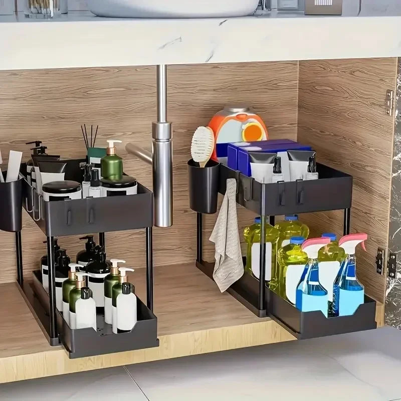 2-Tier Kitchen Sink Organizer – Sliding Cabinet Basket with Hooks & Cups for Space-Saving Storage