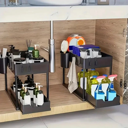 2-Tier Kitchen Sink Organizer – Sliding Cabinet Basket with Hooks & Cups for Space-Saving Storage