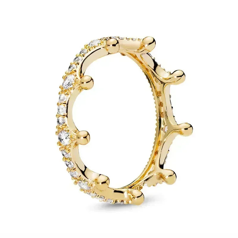 Anillo de moda ajustable con corona de corazón de plata de ley 925 chapado en oro con purpurina para mujer