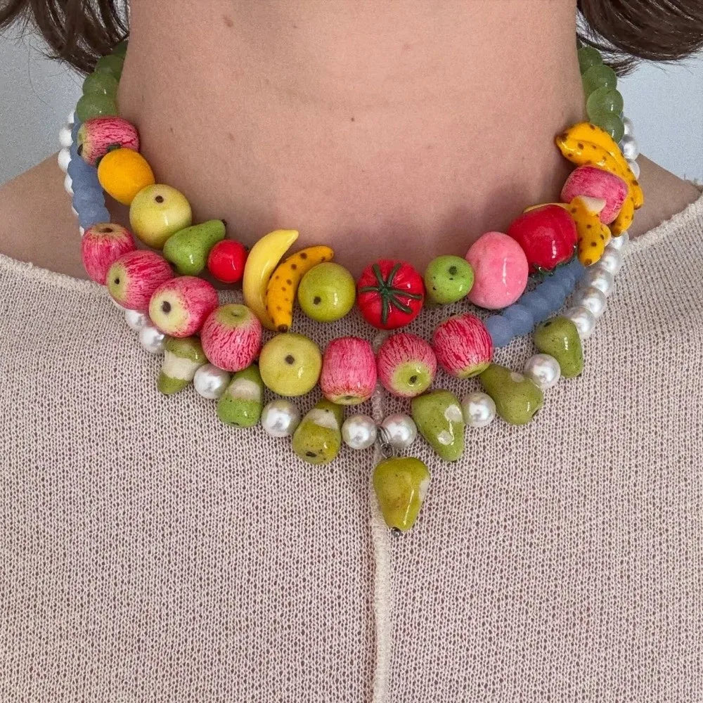 Colorful 3D Fruit Beaded Necklace – Multicolor Exaggerated Chain with Pomegranate, Strawberry & Tomato Designs, Statement Fashion Jewelry