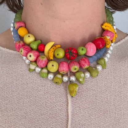 Colorful 3D Fruit Beaded Necklace – Multicolor Exaggerated Chain with Pomegranate, Strawberry & Tomato Designs, Statement Fashion Jewelry