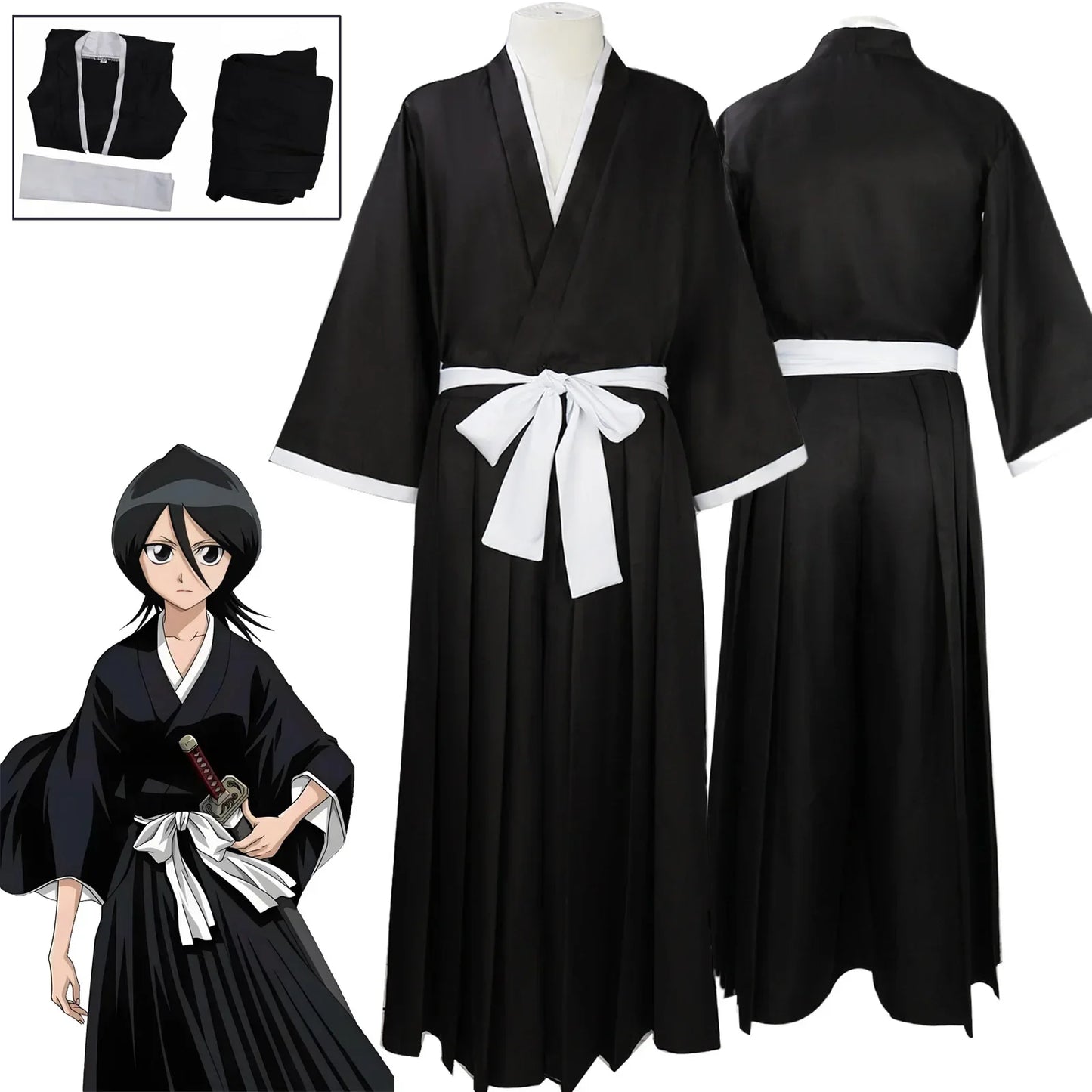 Bleach Kuchiki Rukia Cosplay Costume – Kimono Uniform Set | Unisex Anime Soul Society Outfit (Halloween / Party / Comic Con)
