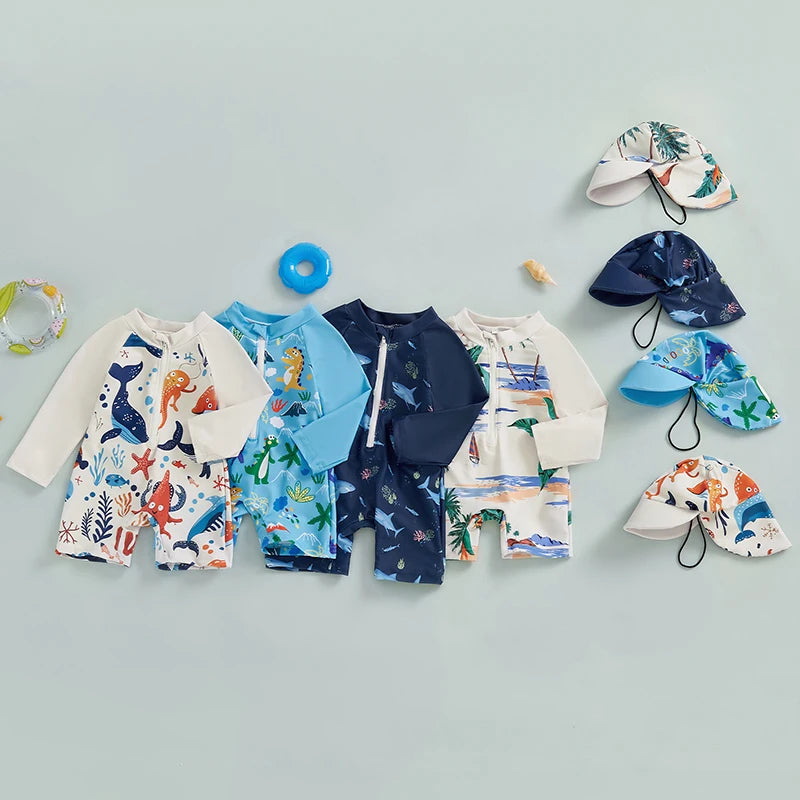 Kids Shark Print Rash Guard Swimwear Set – Long Sleeve Half Zip-Up Bathing Suit with Sun Hat, 2-Piece Toddler Boys’ Swimsuit for 0-5 Years, UV Protective Beachwear for Pool, Swimming & Summer Activities