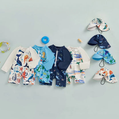 Kids Shark Print Rash Guard Swimwear Set – Long Sleeve Half Zip-Up Bathing Suit with Sun Hat, 2-Piece Toddler Boys’ Swimsuit for 0-5 Years, UV Protective Beachwear for Pool, Swimming & Summer Activities