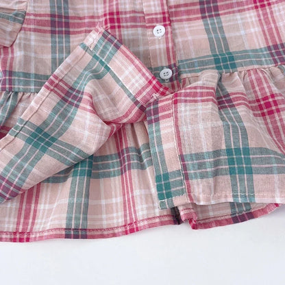 Girls Pink Checkered Two Piece Set – Square Collar Top & Wide Leg Pants Summer Outfit for Kids 3–10 Years