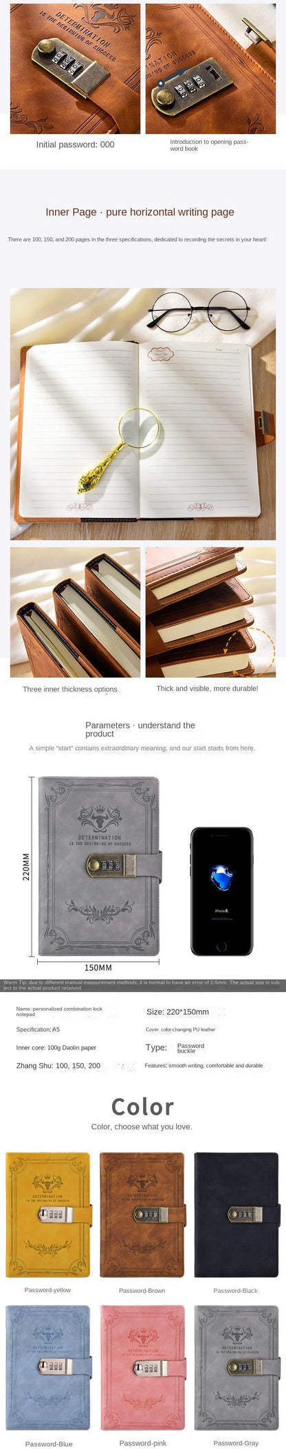 A5 Retro Password Lock Diary – 200-Page Journal Notebook with Secure Lock
