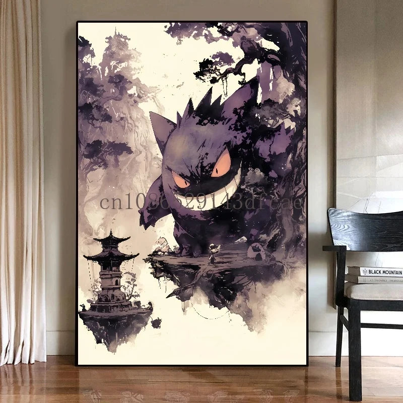 Pokémon Canvas Wall Art – Gengar Anime Ink Painting Poster Print for Living Room & Kids Room Decor