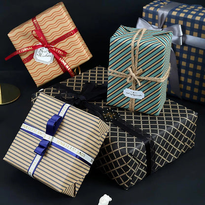 70×50CM Retro Blue Wave Gift Wrapping Paper – Grid & Sea Star Pattern Bouquet Packaging Paper for Men, Birthday Gifts & DIY Crafts