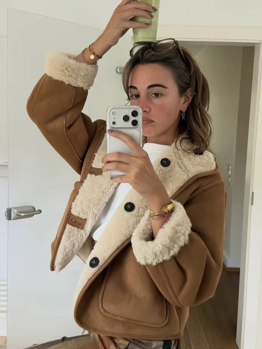 Suninbox Women’s Reversible Shearling Winter Coat – Double-Faced Sheepskin-Style Jacket, Single-Breasted Warm Oversized Outerwear