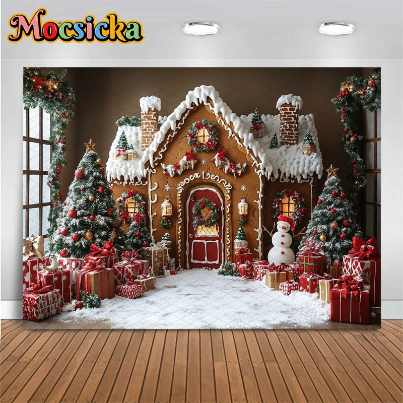 Mocsicka Christmas House Photography Backdrop – Xmas Tree, Snowman & Gifts Holiday Background for Children, Adults, Family & Party Decor