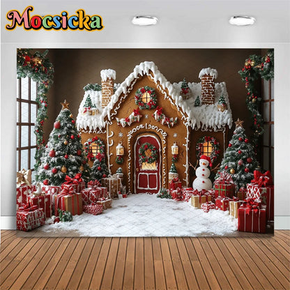 Mocsicka Christmas House Photography Backdrop – Xmas Tree, Snowman & Gifts Holiday Background for Children, Adults, Family & Party Decor