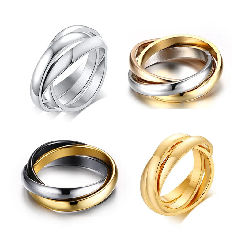 Stainless Steel Interlocked Triple Ring – Three-in-One Multi-Color Wedding Band for Women | Stackable Fashion Ring