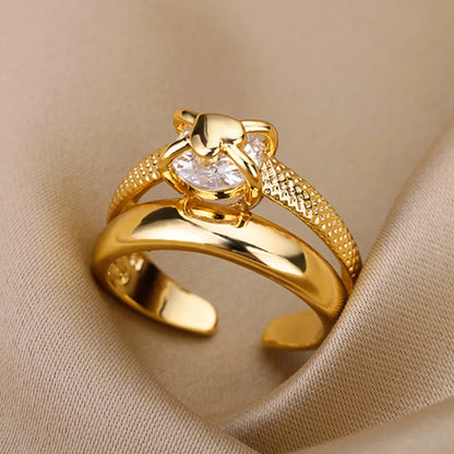 Anillo de circonita de acero inoxidable ajustable con diseño de ojo turco – Anillo de boda geométrico de color dorado para mujer | Regalo de joyería de lujo de moda