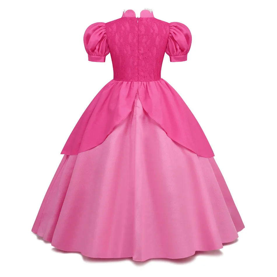Princess Peach Cosplay Dress – Bubble Sleeve Princess Costume for Kids, Summer Halloween & Christmas Party Outfit