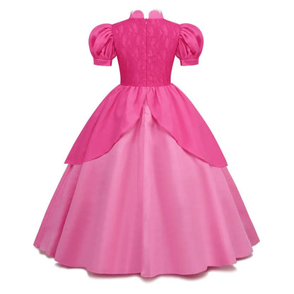 Princess Peach Cosplay Dress – Bubble Sleeve Princess Costume for Kids, Summer Halloween & Christmas Party Outfit