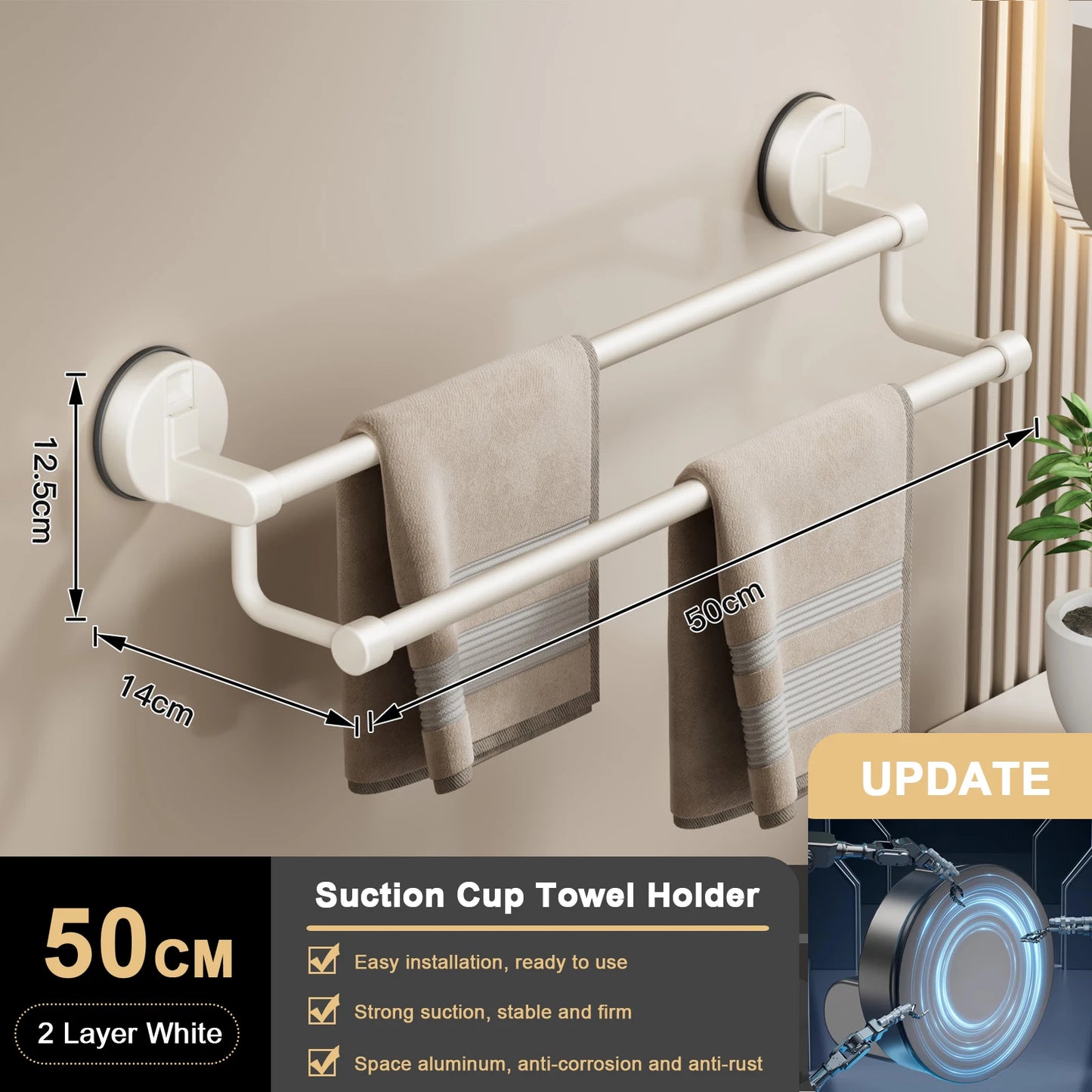 Toallero de Ventosa para Pared, sin Taladro, para Baño, Barra de Toalla de 30/40/50cm, Soporte que Ahorra Espacio