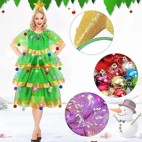 Women's 2026 Christmas Tree Costume Set with Headband and Bells, Festive Tree Skirt Party Outfit for Christmas Cosplay, Holiday Celebrations and Fancy Dress Parties