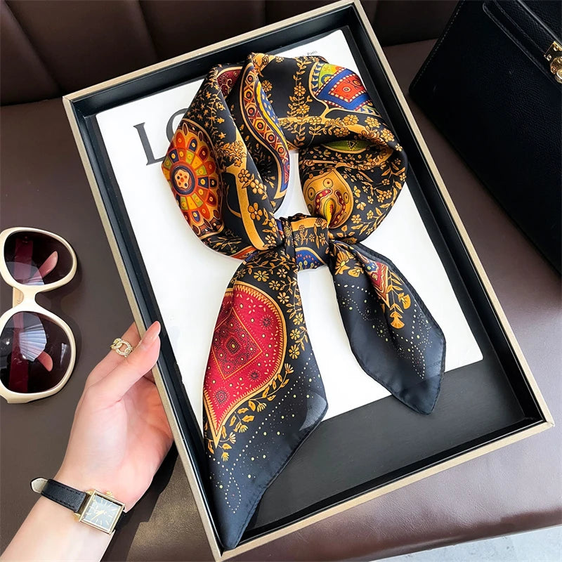 Bohemian Style Print Luxury Brand Silk Square Scarf Women Satin Shawls Neckerchief Wrap Scarves Bandana Hair Hjiab Floral
