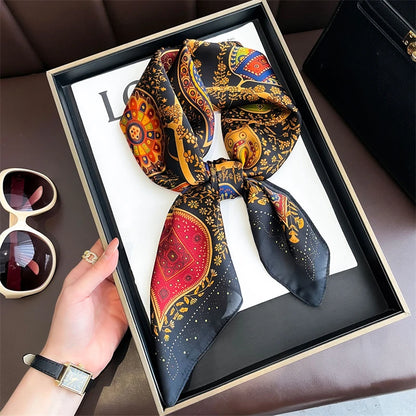 Bohemian Style Print Luxury Brand Silk Square Scarf Women Satin Shawls Neckerchief Wrap Scarves Bandana Hair Hjiab Floral