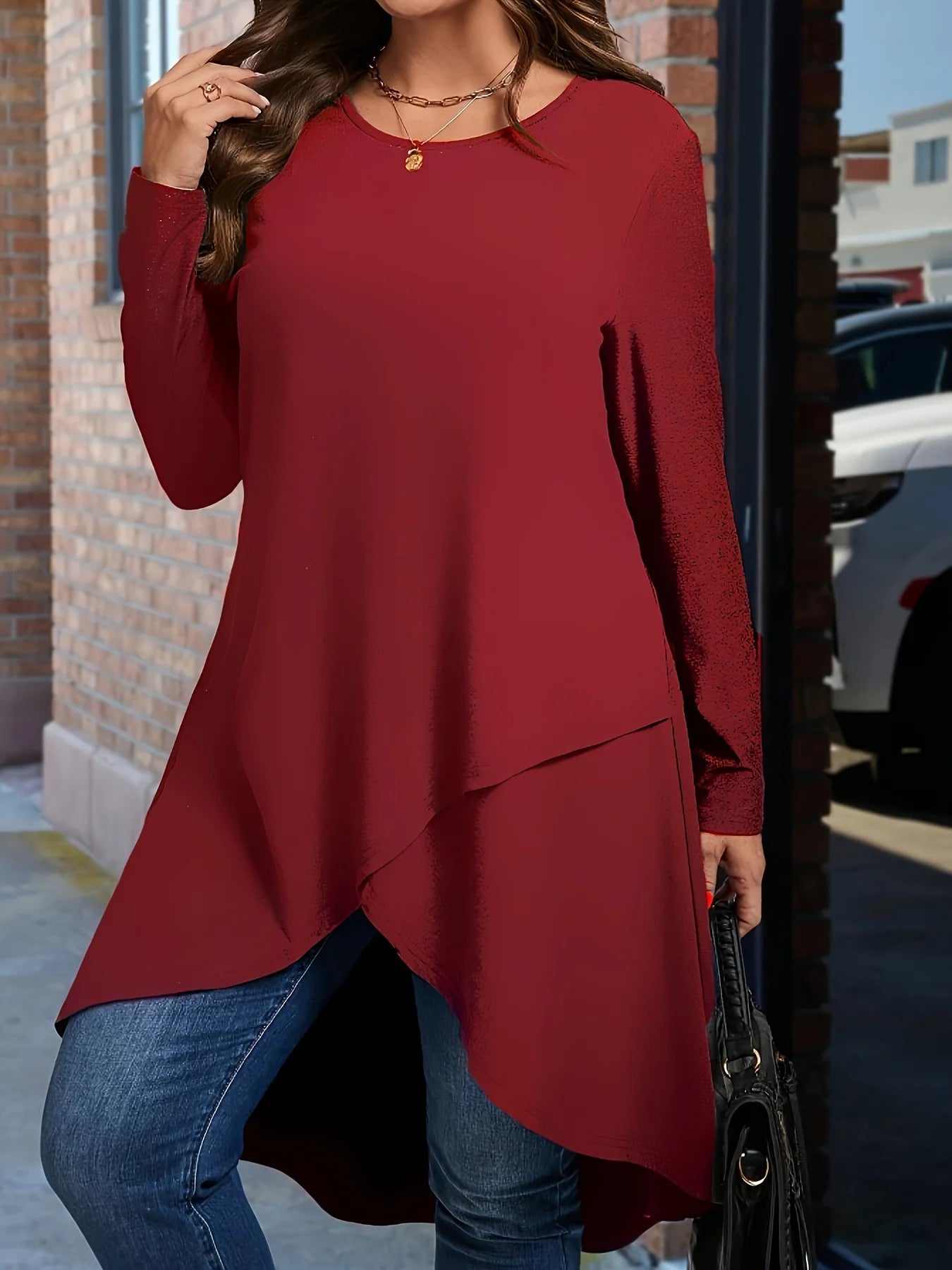 Plus Size Women's Asymmetrical Hem Long Sleeve Top – Elegant Round Neck Solid Color Casual Pullover Shirt