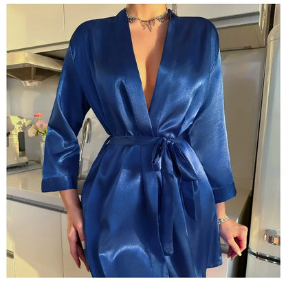 Women’s Summer Ice Silk Robe – Sexy Lace-Up Bathrobe Morning Gown Home Dress Loungewear