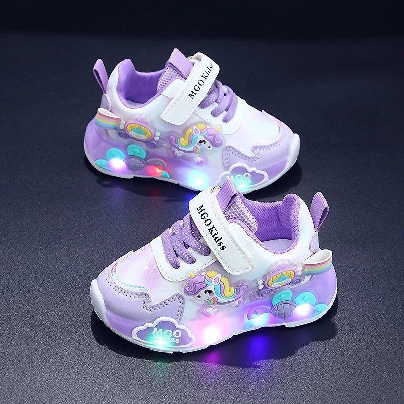 Girls' Light-Up Rainbow Pony Shoes – Soft-Sole Sports Sneakers with Flashing LED Lights for Spring & Autumn, Running & Casual Wear, Ages 1-6